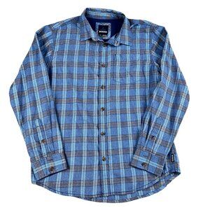 Prana Mens Blue Plaid Flannel Button Down Shirt Sz Large